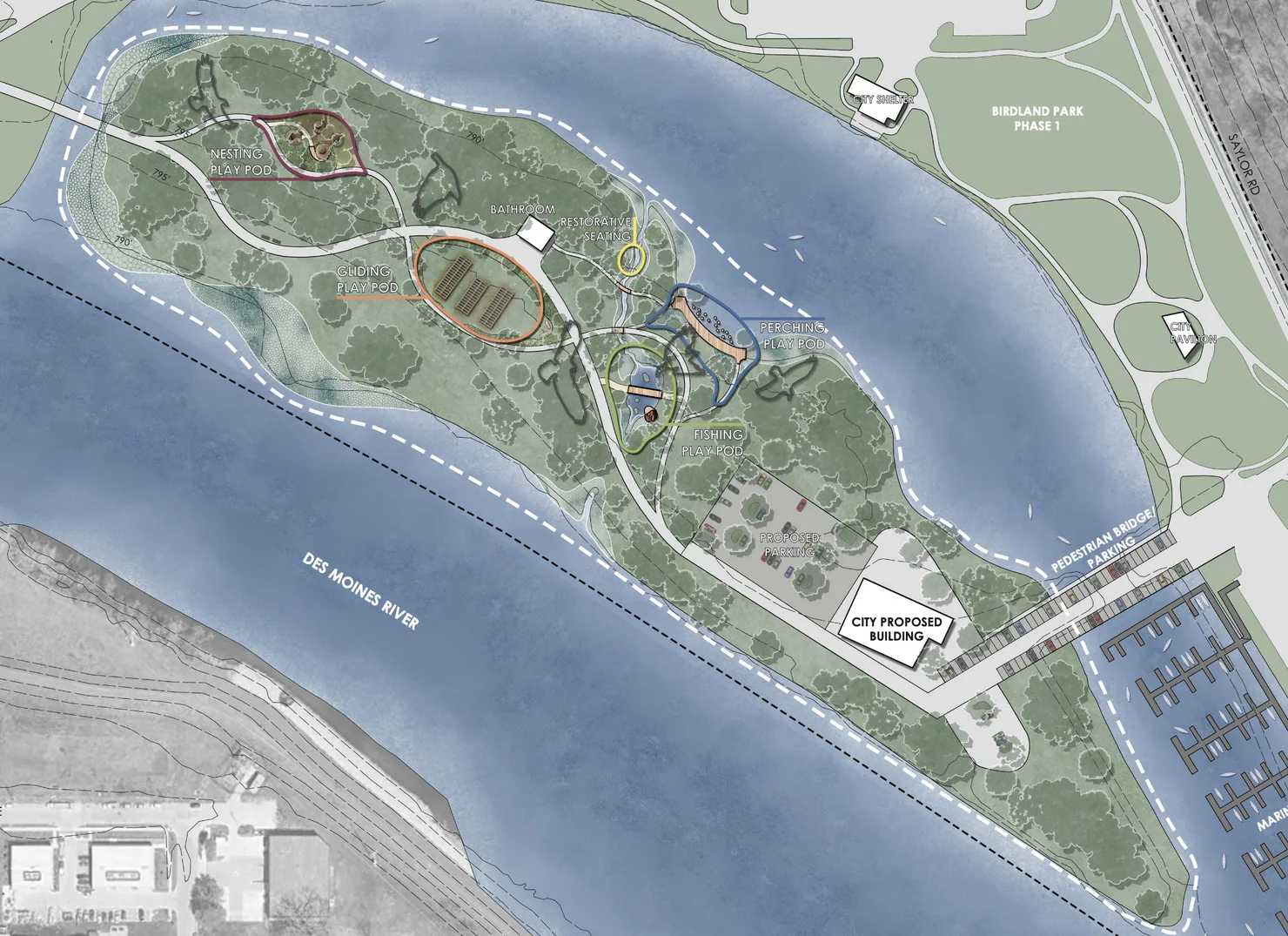 Site plan of Birdland Park's island with the play pods along the Des Moines River