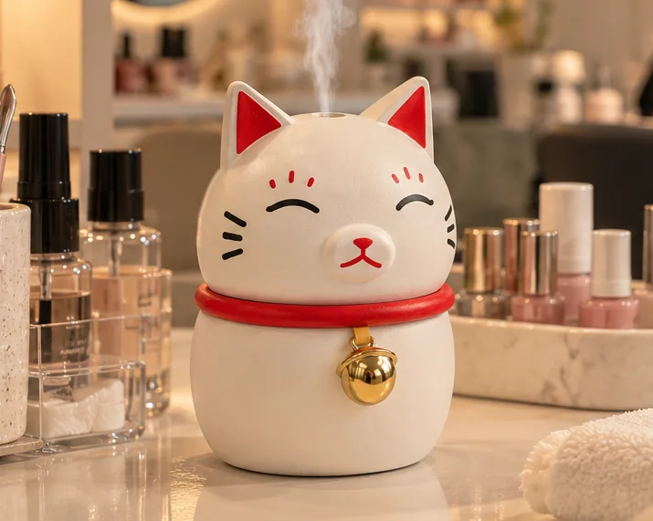 Lucky cat diffuser misting on a nail salon counter