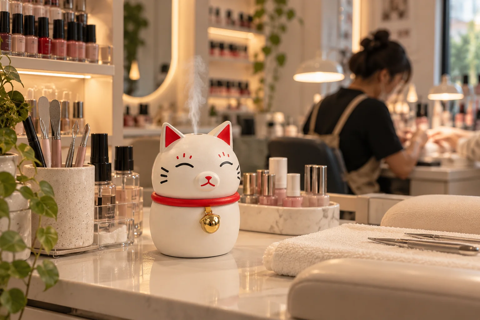 Lucky cat diffuser on a nail technician's desk in a salon