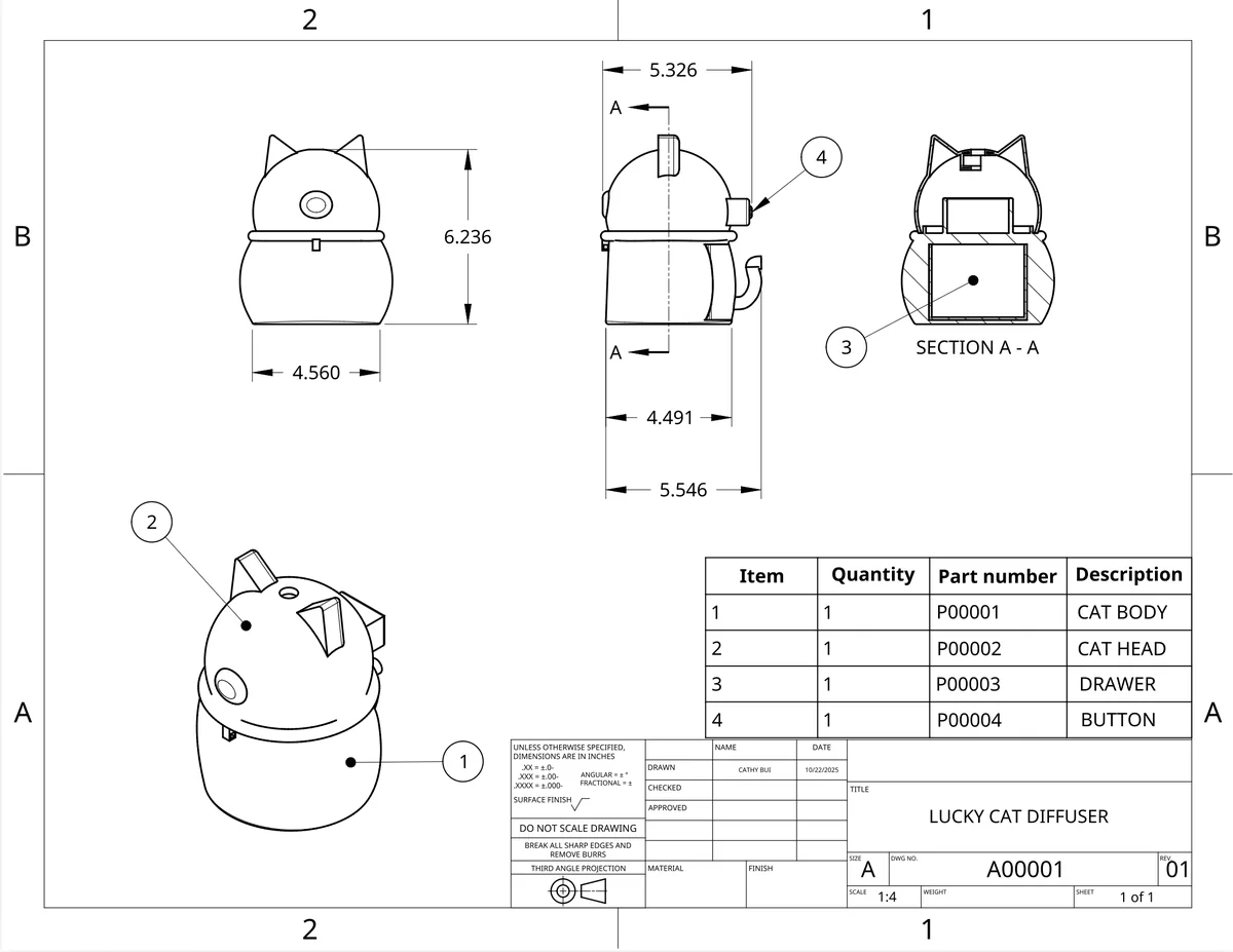 Technical drawing of the lucky cat diffuser with dimensions and parts list
