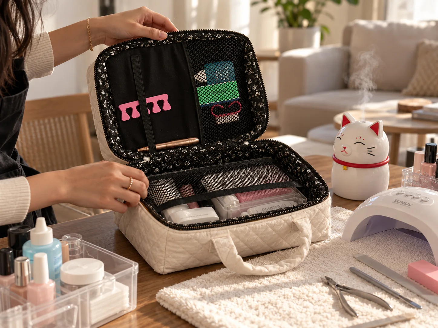 Nail technician unpacking the bag at a client's table