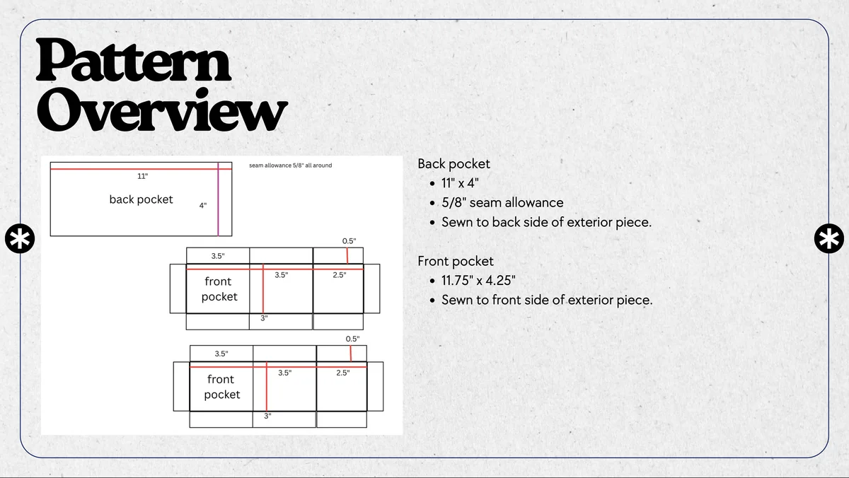 Pattern overview with pocket sizes and seam allowance