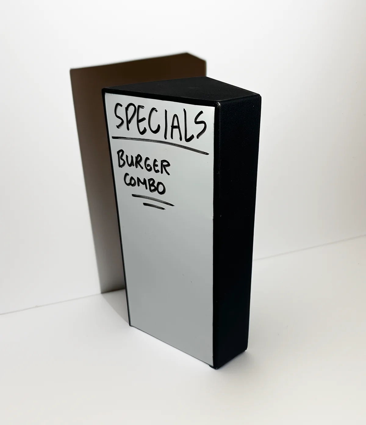 Velora speaker whiteboard side reading specials, burger combo